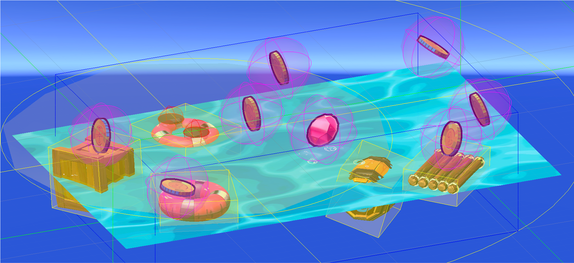 debug view showing the hitboxes of objects in the scene
